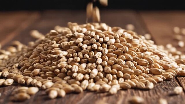 Closeup of Grains Pouring onto a Rustic Wooden Surface.