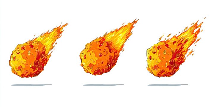 Three animated, fiery space rocks with trails, floating, in dynamic perspective against white