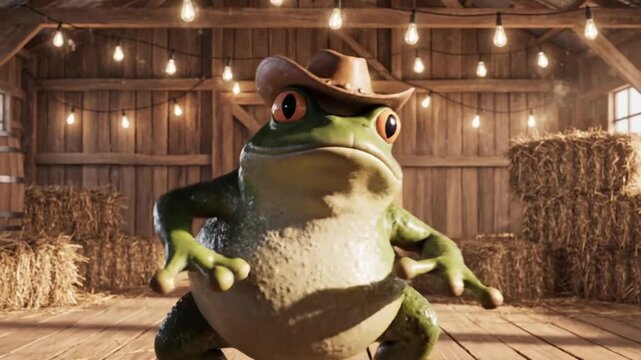 Anthropomorphic Frog Character Wearing Cowboy Hat Posing Inside Rustic Wooden Barn Illuminated by String Lights