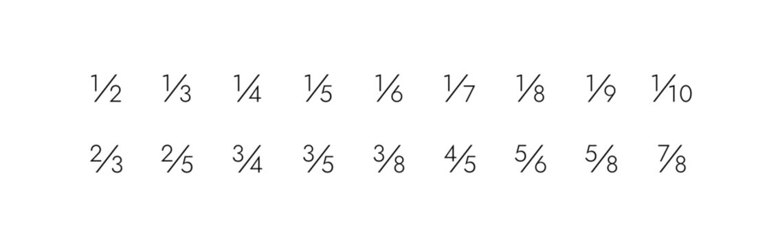 Mathematical fractions set with common fraction symbols