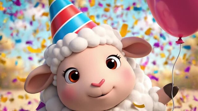 A cartoon sheep wearing a party hat and holding a balloon amidst colorful confetti