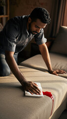 Man cleaning a bed with a cloth in a bedroom.