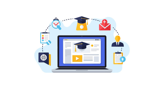 E-learning System Workflow. Online Education Management, Distance Learning Curriculum, and Digital Certification Process on Laptop Screen.