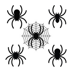 A spider icon set with a cobweb illustration for Halloween design