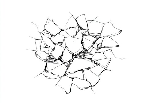 Detailed illustration of shattered glass fragments radiating from a central point, white background