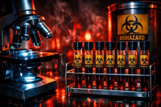 Dramatic biohazard lab scene with blood test tubes and microscope. Cinematic concept of dangerous virus research, secret experiment and global pandemic outbreak