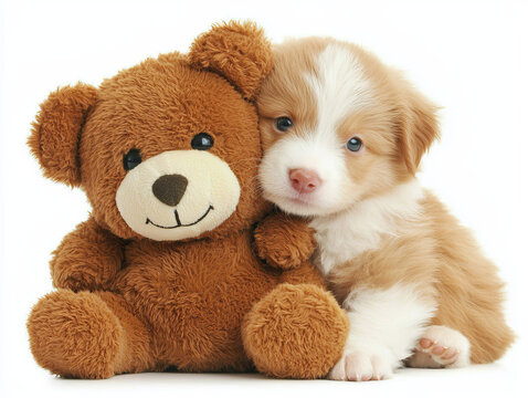 Fluffy tan and white puppy with blue eyes embracing a traditional brown teddy bear against a clean white backdrop