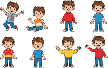 Cute cartoon boy character set in various poses and outfits including jumping, sitting, waving, and wearing colorful striped shirts.