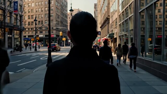 A man walks down a busy city street passing by tall buildings and people going about their day