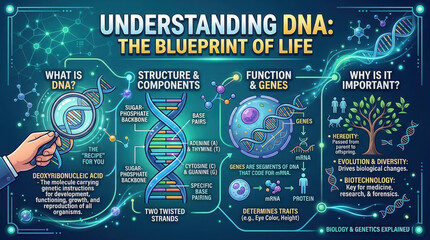 Understanding DNA Infographic: Biological Blueprint Illustrating Double Helix Structure, Genetic Components, and Heredity