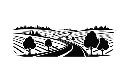 Rolling hills and a winding road depicted in a striking black silhouette © Jewel