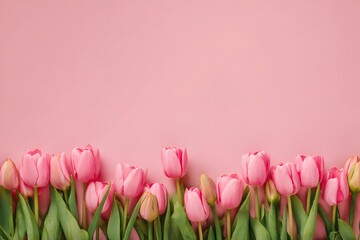 Fototapeta premium Vibrant pink tulips arranged on a delicate pink backdrop, creating a sense of freshness and natural beauty. The petals of each bloom showcase soft colors and textures.