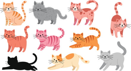 Cute cat cartoon collection, different kitten poses and colors, playful domestic pet animals vector illustration set © Sabbir's World