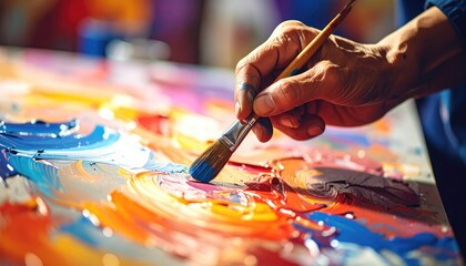 Obraz premium Artist hand holding brush painting vibrant abstract art on canvas.