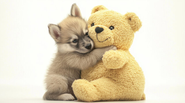 A small, fluffy, light brown and grey puppy affectionately hugs a soft, golden-yellow teddy bear on a bright white background
