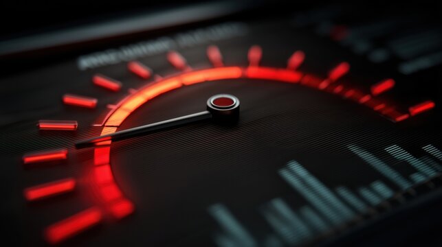 Speedometer&rsquo;s Glowing Needle: A close-up shot of a car speedometer, the needle glows a vibrant red, conveying the sense of swiftness and precision. Captures the intensity of speed and velocity.