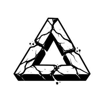 Grungy, Cracked Impossible Triangle Logo: A Distressed Penrose Symbol in Black and White Vector Art. Ancient, Mystical Geometric Emblem with Stone Texture, Shattered Elements, and Dark Aesthetic for U