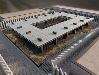 Aerial view of modern architectural complex with central courtyard and minimalist design.