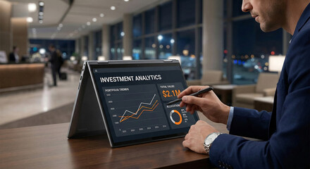 Man analyzing investment portfolio trends and financial allocation on digital tablet in modern office lobby