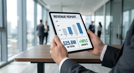 Man holding tablet showing revenue report financial data analysis quarterly growth sales figures business performance metrics investment growth