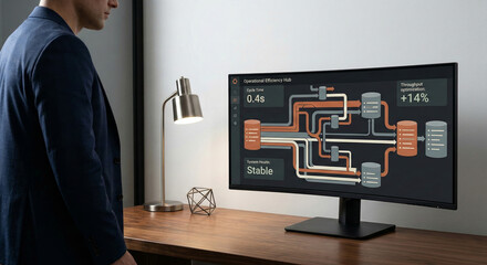 Man observing operational efficiency hub with cycle time throughput optimization and system health status
