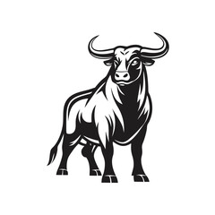 Powerful dark bull strides forward with curved horns and strong musculature, showcasing its raw strength