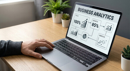 Person using laptop to analyze business analytics dashboard showing sales growth insights and performance metrics