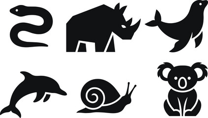 Animal silhouette icon set, snake rhino seal dolphin snail and koala shapes, black wildlife symbols collection, simple vector illustration bundle © LITON