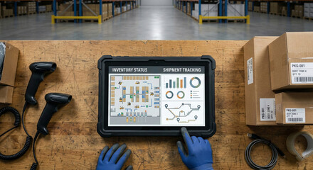 Warehouse worker using tablet with inventory status and shipment tracking for logistics management