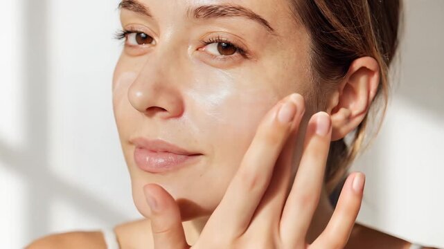 Young woman applying hydrating facial cream to achieve radiant and healthy skin, showcasing a daily skincare routine for a fresh and natural complexion in soft morning light