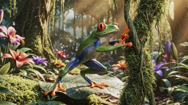 Vibrant Red Eyed Tree Frog Clinging to Mossy Vine in Lush Tropical Rainforest Habitat Sunlight Streaming Through Canopy