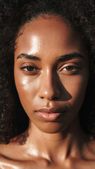 Fototapeta premium Close-up portrait of a woman with natural skin and curly hair.