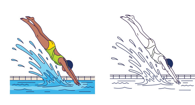 Female swimmer diving into pool illustration. Side-by-side colored flat design and black and white line art vector showing a woman athlete jumping into water with splash.