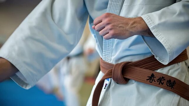 Adult martial arts student executing powerful forms the sharp detail on their belt symbolizing advancement while the rest of the dojo fades into a gentle blur.