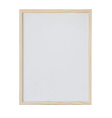 Obraz premium Natural wooden picture frame with blank white space isolated on black background, vertical mockup template for poster, photo, artwork display presentation.