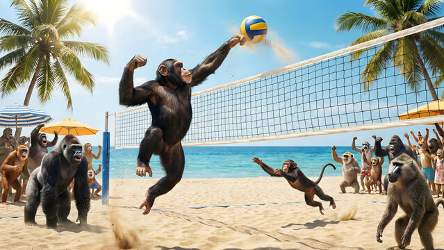 Competitive chimpanzee playing beach volleyball with other primates on sunny sandy coast