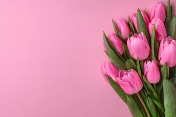 Obraz premium A bouquet of pink tulips on a soft pink background, symbolizing spring and freshness