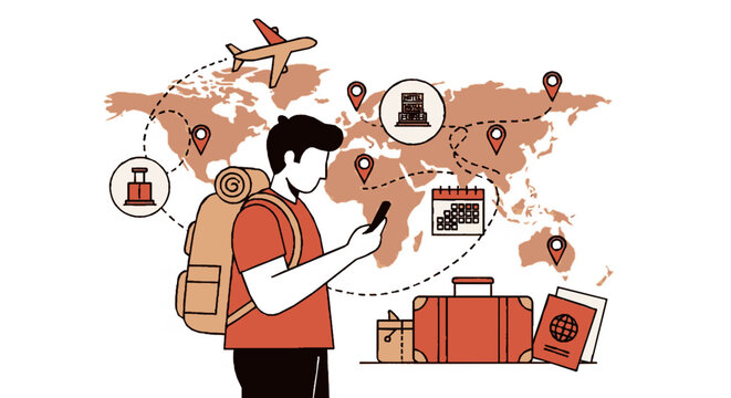 Man planning trip with phone luggage and world map for travel