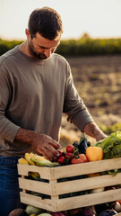 Fototapeta premium A man selecting fresh vegetables from a crate outdoors.
