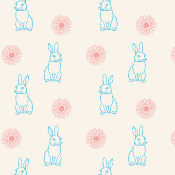 Pattern con coniglietti e margherite azzurro e rosa su sfondo crema