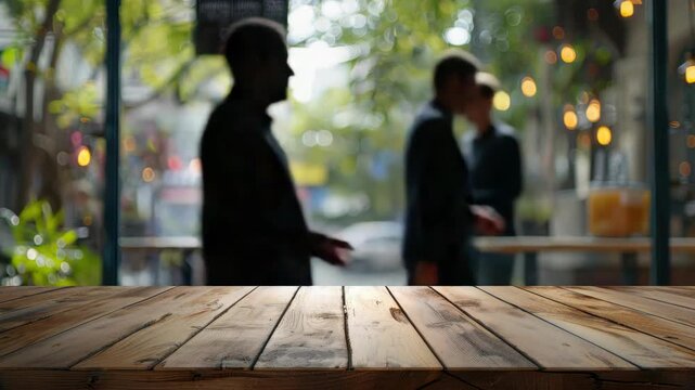 Wooden table faces blurred cafe interior. Warm lights glow softly behind glass. Greenery adds natural texture to background. Table surface shows subtle wood grain details