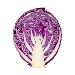 Obraz premium Cross section of vibrant red cabbage showing intricate layered purple and white patterns isolated on a transparent background