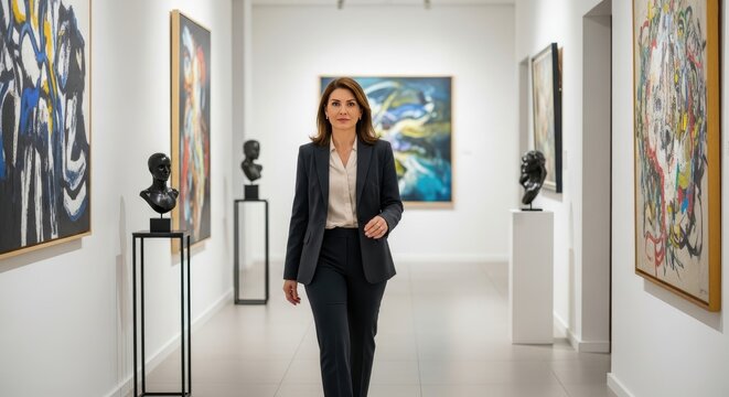 Confident Woman Walking Through Modern Art Gallery.