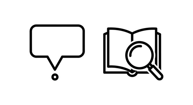 Tooltip icon next to open book with magnifying glass, representing search, information, and guidance. Simple line art vector graphic.