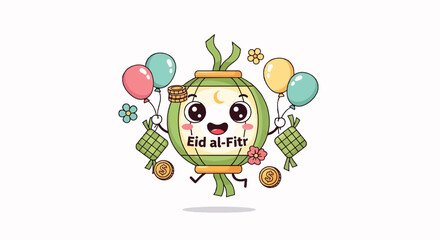 Fototapeta premium Eid Al Fitr Celebration with Happy Ramadan Lantern Character