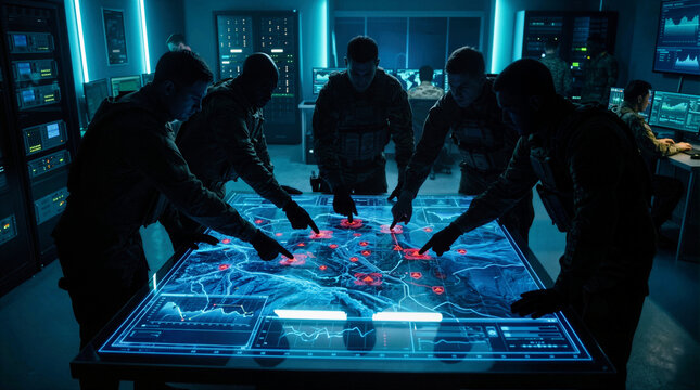 Military generals and officers in a command center using a digital map table to monitor live combat operations. Strategic defense team planning global war tactics in a war room.