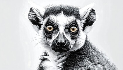 Fototapeta premium A black and white close-up of a lemur with piercing orange eyes against a stark white background