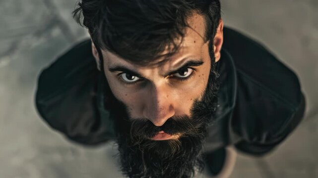 Intense gaze meets camera from above. Dark beard frames rugged, focused expression. Man stares down, unflinching, with piercing eyes. Muted tones emphasize raw intensity. Black jacket adds stark