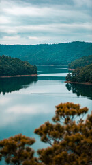 A serene river flowing between lush green hills under a cloudy sky.