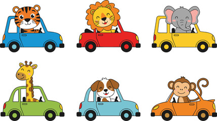 Cute cartoon animals driving colorful cars set, tiger lion elephant giraffe dog monkey characters, playful kids transportation illustration isolated on white background for children design © MdHarunur